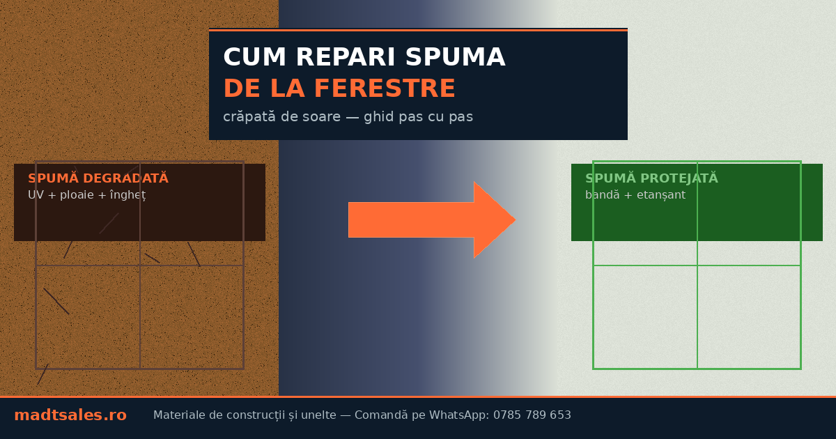 Spumă poliuretanică degradată și crăpată de soare în jurul tocului unei ferestre PVC, cu zona exterioară neprotejată