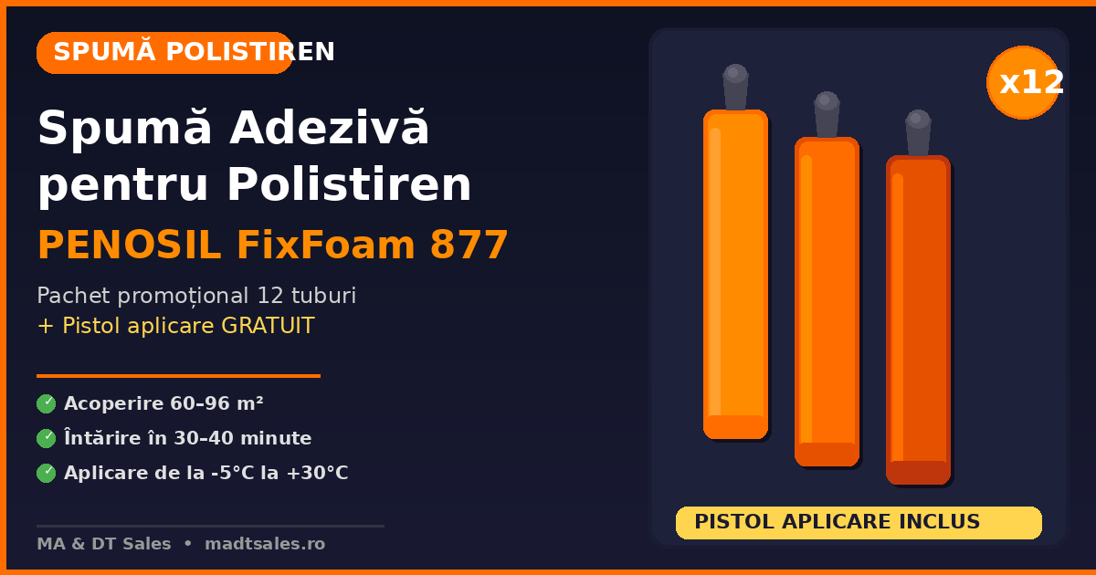 Spumă Polistiren PENOSIL FixFoam 877 – Pachet Promoțional 12 Tuburi cu Pistol de Aplicare Gratuit