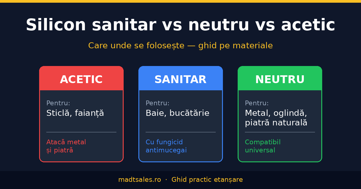 Comparație silicon sanitar vs neutru vs acetic — recomandări pe materiale (sticlă, baie, metal, oglindă, piatră naturală